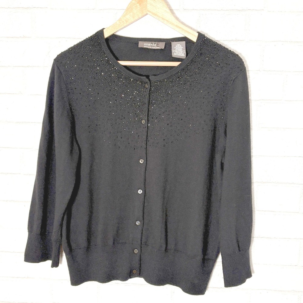 Womens Black Lambswool Cashmere Beaded Cardigan Size XL Holiday Elevated Career - Picture 4 of 10